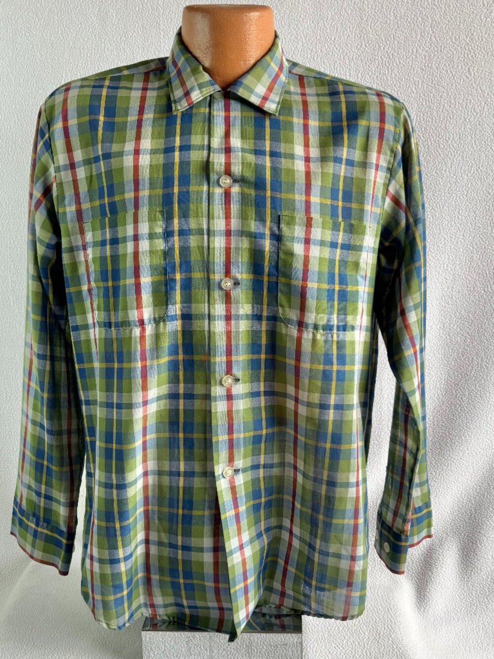 Vtg 1960s Green Plaid Polycotton Long Sleeve Loop Button Collar Shirt Paint Mark
